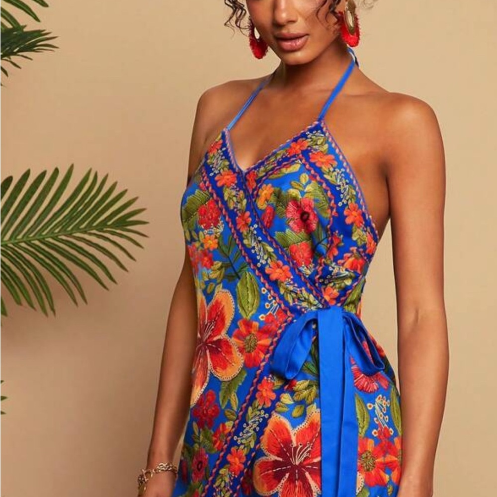 Floral Halter Wrap Dress - Blue and Red